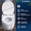 A white toilet seat is shown with various feature callouts on a dark blue background. Anteprima dell’immagine prodotto