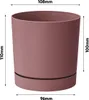 A rose-colored plant pot with a saucer, shown with dimensions indicated by text and arrows. Náhled obrázku produktu