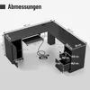 A black L-shaped desk with dimensions and labels indicating measurements. Anteprima dell’immagine prodotto