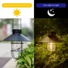 A split image showing a solar lantern during the day and at night, with text overlays explaining its function. Produktbild-Vorschau