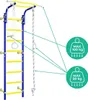 A metal climbing frame with various accessories, including a rope ladder, rings, and a swing, shown against a white background with informational graphics. Voir les images du produit