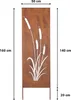 A metal garden screen with a cattail design, showing dimensions. Produktbild-Vorschau