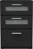A front view of a black three-drawer nightstand with frosted glass inserts in the top two drawers. Produktbild-Vorschau