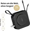 A black travel power bank with retractable cables and interchangeable adapters is shown with text overlays highlighting its features. Produktbild-Vorschau