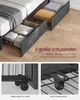 A collage showing a bed frame with drawers, close-ups of the drawer wheels and frame. Produktbild-Vorschau