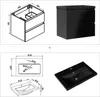 A collage of technical drawings and a 3D render of a black bathroom vanity and sink set. Produktbild-Vorschau