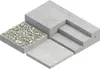 A 3D isometric view of concrete samples, including a sample with gravel embedded, a flat slab, and a set of concrete steps. Voir les images du produit