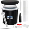 A collection of items for an inflatable hot tub, including the tub itself, a cover, a thermometer, a pump, and support poles. Produktbild-Vorschau