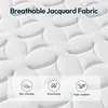 A close-up of a white quilted mattress fabric with text and icons highlighting its features. Produktbild-Vorschau