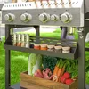 A close-up view of a gas grill with various vegetables and spices arranged below it. Náhled obrázku produktu