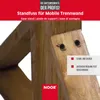 Close-up of a wooden stand for a mobile partition, with text overlays highlighting features. Produktbild-Vorschau
