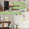 A split image showing the back of a picture frame with usage instructions and a nursery room scene with framed pictures on the wall and toys on the floor. Produktbild-Vorschau