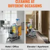 Two cleaning carts are shown in different settings: one in an office/hotel environment and another in an apartment/elevator hallway. Náhled obrázku produktu