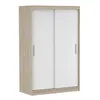 A two-door sliding wardrobe with a wood-effect frame and white doors, presented on a white background. Náhled obrázku produktu