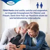 An elderly couple and a dog are shown on a couch, with text overlay describing TENA Pants. Produktbild-Vorschau