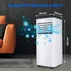 A mobile air conditioner is shown in a living room setting next to a sofa, with graphics indicating airflow and snowflakes. Produktbild-Vorschau