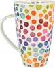 A close-up studio shot of a white mug with a colorful polka dot pattern. Produktbild-Vorschau