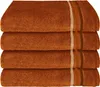 A stack of four terracotta-colored towels with decorative stripes. Produktbild-Vorschau