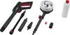 A collection of pressure washer accessories and a bottle of cleaning solution are laid out on a white background. Produktbild-Vorschau