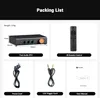 A collage of images showing the contents of a product package, including the main device, remote control, cables, and manual. Produktbild-Vorschau