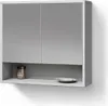 A white bathroom cabinet with mirrored doors and a shelf below. Produktbild-Vorschau