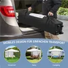 A person loading a black tent bag into the trunk of a car, with three smaller images below showing the tent set up in different scenarios: backyard, party, and camping. Produktbild-Vorschau