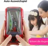Rotes Handheld-Auto-Ausweichspielzeug in Händen gehalten, mit Kind und Erwachsenem im Hintergrund, Textüberlagerung sagt "Schadet den Augen nicht" Anteprima dell’immagine prodotto