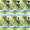 A collage of images showing a solar-powered fountain with different nozzle attachments in a bird bath. Produktbild-Vorschau