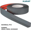 A roll of gray PVC baseboard trim with an orange backing is shown against a white background. Text indicates material and available colors. Produktbild-Vorschau