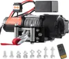 A black and orange electric winch with a steel cable and red strap, displayed with various bolts and a remote control on a white background. Náhled obrázku produktu