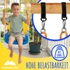 A young boy is sitting on a colorful swing set, with a close-up inset showing the swing's attachment hardware and a weight limit indicator. Produktbild-Vorschau