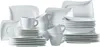 A collection of white ceramic dinnerware, including plates, bowls, and cups, neatly stacked and arranged. Anteprima dell’immagine prodotto