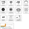 A grid of icons and a diagram illustrating product features and specifications. Produktbild-Vorschau