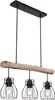 A three-light pendant chandelier with a wooden beam and black metal cages. Produktbild-Vorschau