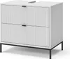 A white vanity cabinet with two drawers and black legs, shown against a white background. Voir les images du produit