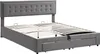 A gray upholstered bed frame with a tufted headboard and a slatted mattress support system is shown against a white background. The bed frame has built-in drawers at the foot of the bed. Produktbild-Vorschau