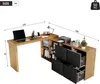 A diagram showing the dimensions of an L-shaped desk with integrated shelving and drawers. Podgląd zdjęcia produktu