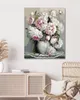 A painting of peonies in a vase on a doily, displayed in a room with a cabinet and chair. Náhled obrázku produktu
