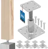 A product image showing a wooden post supported by a metal post base, with multiple bases and screws displayed. Produktbild-Vorschau