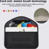 A black anti-theft pouch with credit cards, a car key, and money inside. The pouch is shown open, with a close-up inset of its material. Produktbild-Vorschau