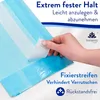 A hand is shown peeling back a protective strip from a blue incontinence pad, highlighting its adhesive feature. Text and a logo are also present. Produktbild-Vorschau