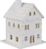 A white wooden house model with illuminated windows, presented on a white base. Podgląd zdjęcia produktu