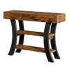 A console table with a rustic wood top and black metal legs and shelves, shown against a white background. Anteprima dell’immagine prodotto