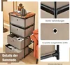 A product image showcasing a brown fabric drawer dresser with a wooden top, placed next to an orange sofa. Insets highlight product features like strong connections, exquisite handles, and supporting legs. Podgląd zdjęcia produktu