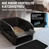 A black litter box with litter inside, placed on a light-colored floor with a black mat in front of it. Text overlays highlight product features. Produktbild-Vorschau