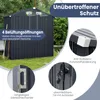 A dark gray metal garden shed is shown outdoors with various features highlighted by circular insets and text overlays. Náhled obrázku produktu