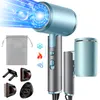 A light blue and gray hairdryer with various attachments and a storage bag, presented on a white background. Produktbild-Vorschau