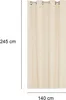 A single cream-colored curtain with grommets at the top, shown hanging vertically. Dimensions are indicated by text overlays. Produktbild-Vorschau