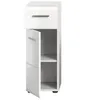 A white high-gloss bathroom cabinet with one drawer and one open door, revealing two shelves. Produktbild-Vorschau