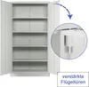 An open metal cabinet with multiple shelves, showing a close-up of the door hinge mechanism and text indicating reinforced doors. Produktbild-Vorschau